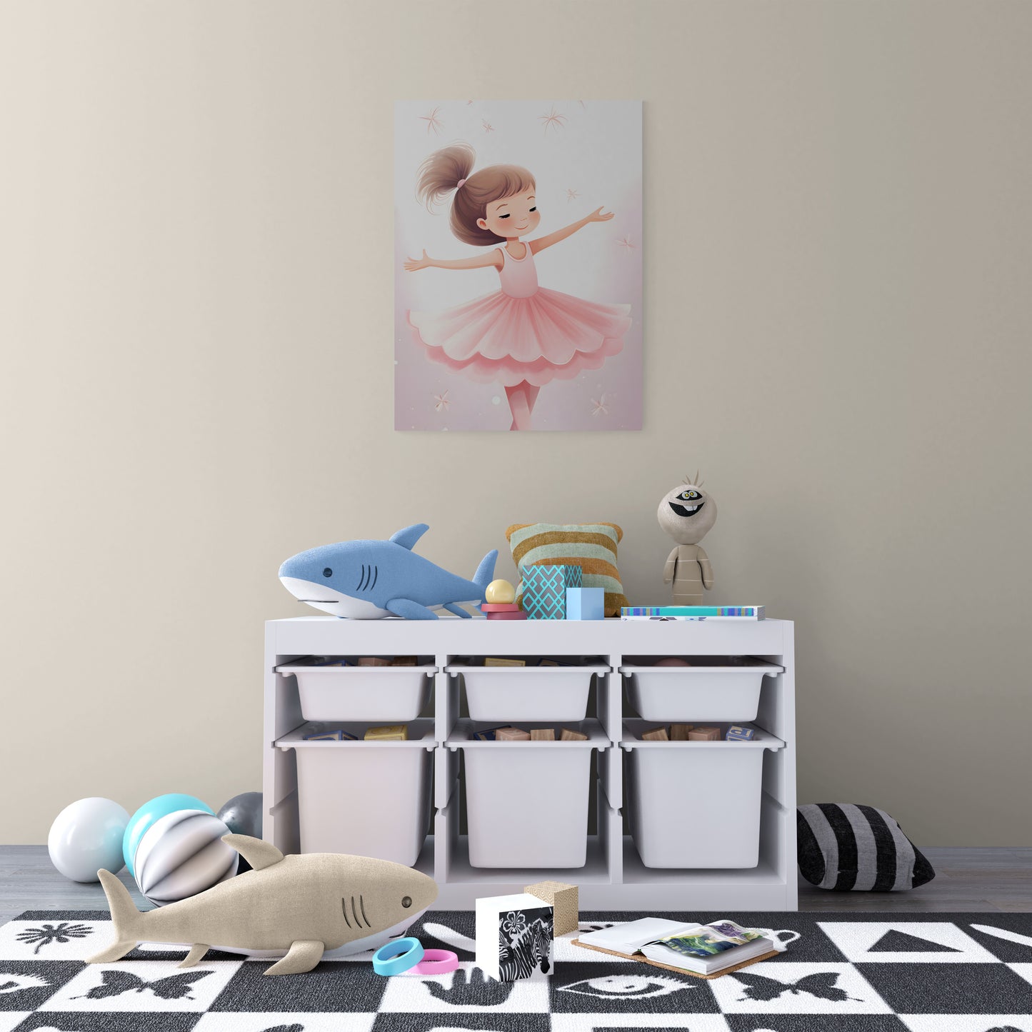 Канава за закачане на стена с розова балерина на розов фон, подходяща за детска стая или момиче