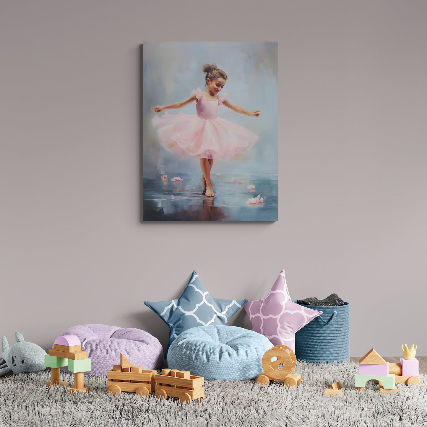 Канава за закачане на стена с розова балерина на син фон, подходяща за детска стая или момиче