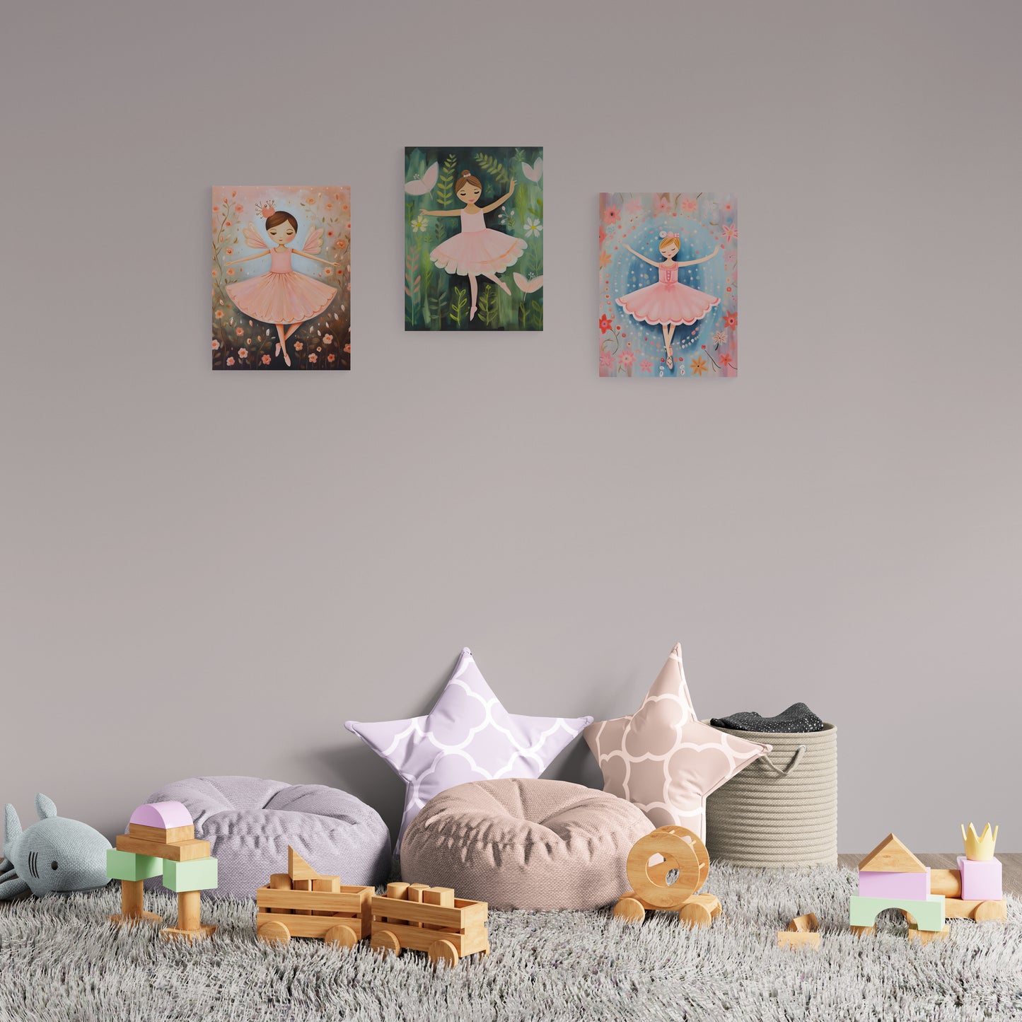 Комплект от три канави за закачане на стена, подходящи за детска стая с балерини, в розов цвят