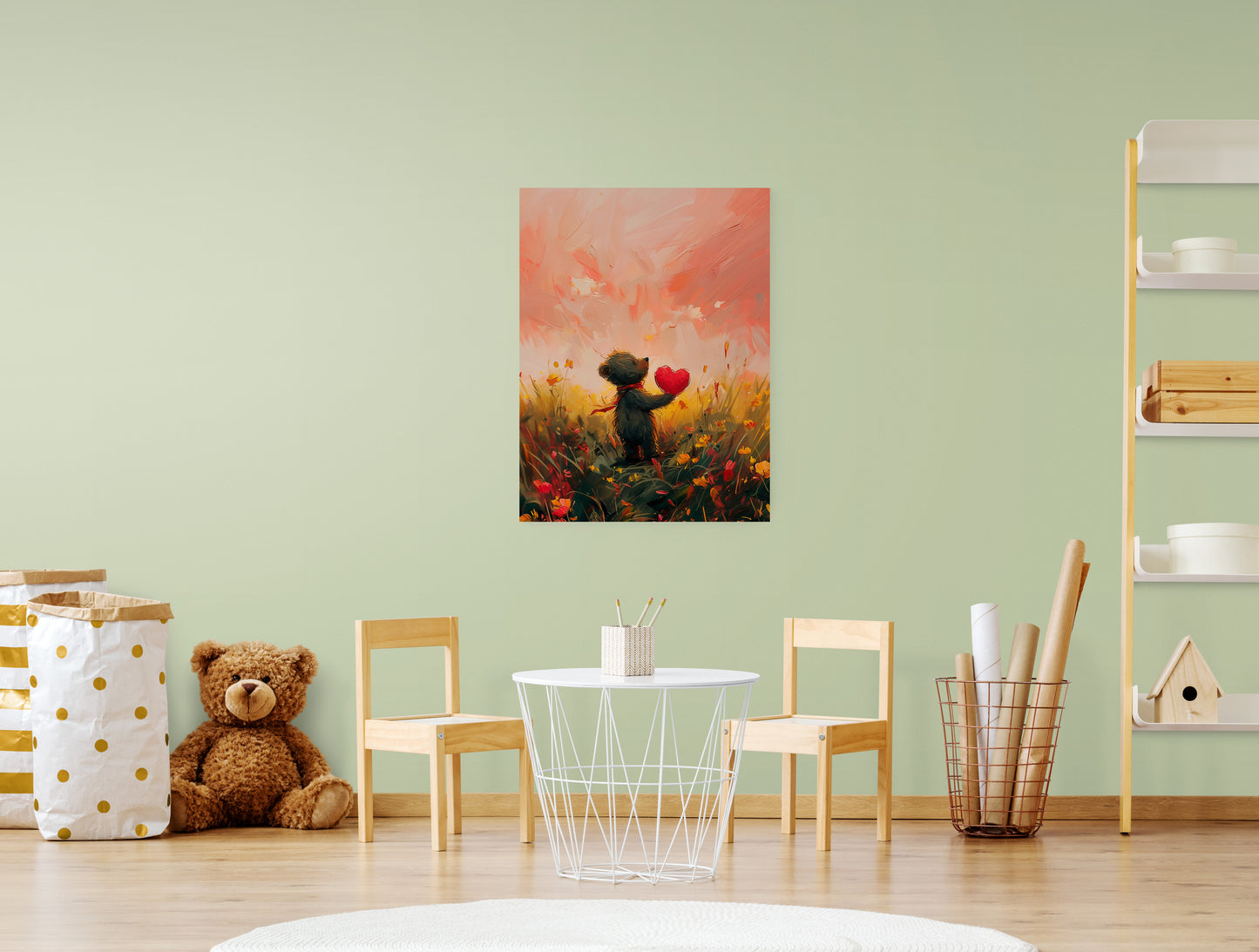 Канава за закачане на стена, подходяща за детска стая със сладко мече и сърце, в ярки цветове