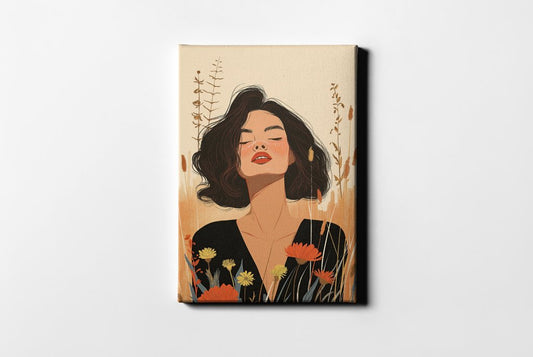 Канава с елегантен портрет на жена сред цветя в артистичен стил – декоративно платно за стена